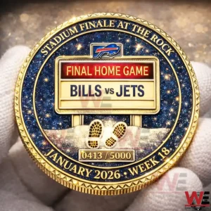 Gold edged Buffalo Bills commemorative coin front side with marquee reading Final Home Game Bills vs Jets and January 2026 Week 18 with serial number 0413 5000.