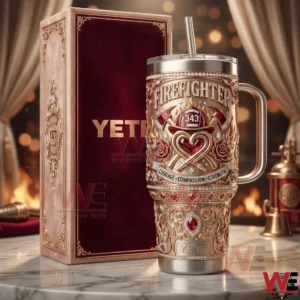A firefighter insulated tumbler and presentation box displayed on a table with ceremonial decor and warm lighting!