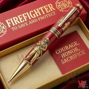 Firefighter commemorative pen with engraved rescue figure gold accents and presentation box highlighting honor courage and sacrifice!
