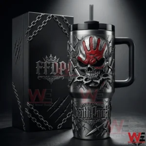 Five Finger Death Punch tumbler with handle and straw next to a black themed gift box with chain details in a dark dramatic studio background!