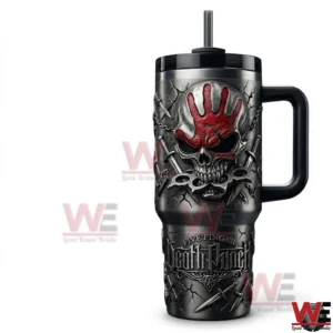 Front view of a Five Finger Death Punch insulated tumbler with handle straw skull artwork red handprint and cracked metallic design on a white background!