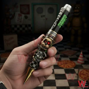 Hand holding a horror themed metal pen with animatronic figure details in a dark interior setting!