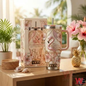 Flamingo insulated tumbler with matching box displayed on table with plants flowers and soft natural light!