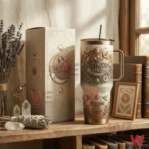 Ornate insulated tumbler with handle and straw next to a decorative box on a wooden shelf with vintage decor!