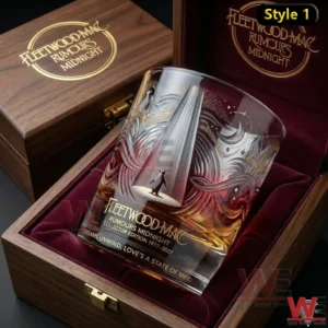 Fleetwood Mac Rumours Midnight collector whiskey glass placed inside a premium wooden box with velvet interior!