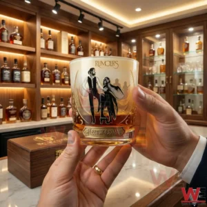 Hand holding a Fleetwood Mac Rumours whiskey glass in front of a luxury home bar with wooden shelves!