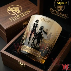 Fleetwood Mac Rumours Gold Dust Theatre edition whiskey glass displayed inside a premium wooden box!