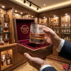 Hand holding a Fleetwood Mac Rumours Midnight whiskey glass with an open wooden box in a luxury bar setting!