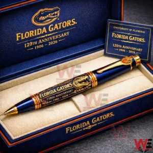 Florida Gators one hundred twentieth anniversary ballpoint pen in a presentation box featuring navy and gold colors with alligator artwork and anniversary text.