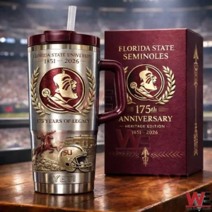 Florida State Seminoles 175th Anniversary Heritage Edition YETI Tumbler 5 Florida State Seminoles insulated tumbler with maroon handle and straw displayed next to a maroon 175th anniversary gift box in front of a stadium background.