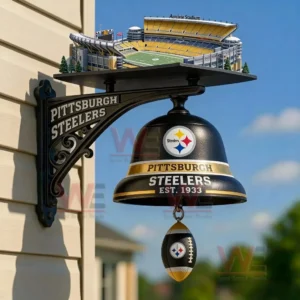 NFL Football Team Home Stadium Wall Mounted Doorbell 4 Pittsburgh Steelers wall mounted bell with black and gold team branding a miniature stadium topper and a football shaped pull hanging from an ornate bracket on house siding in sunlight!