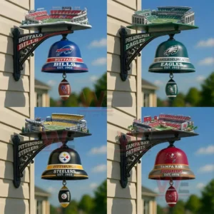 NFL Football Team Home Stadium Wall Mounted Doorbell 5 Four panel collage showing Buffalo Bills Philadelphia Eagles Pittsburgh Steelers and Tampa Bay Buccaneers wall mounted bells with miniature stadium toppers and football shaped pulls mounted on house siding outdoors!