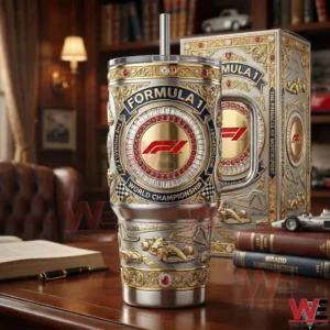 Formula One world championship tumbler with gold decorative details on a wooden desk!