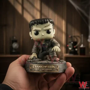 Hand holding a Frankenstein anniversary collectible figure on a labeled display base!