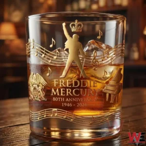 A Freddie Mercury eightieth anniversary whiskey glass with gold music design and the years nineteen forty six to two thousand twenty six!