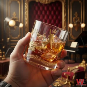 Freddie Mercury 80th Anniversary Whiskey Glass 3 A hand holding a Freddie Mercury commemorative whiskey glass with gold musical notes and anniversary details!