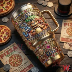 Freddy Fazbears Pizza Yeti tumbler lying on a table with pizza slices coins and arcade themed items!