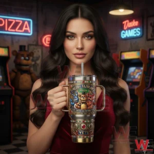 Woman holding a Freddy Fazbears Pizza Yeti tumbler in an arcade themed room!