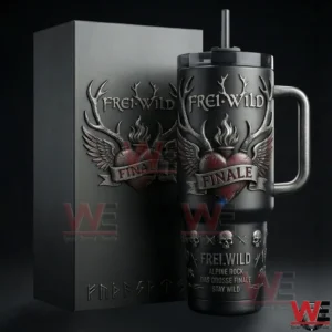 A Yeti tumbler and presentation box showcasing Frei Wild Das Grosse Finale artwork placed in a moody refined scene!
