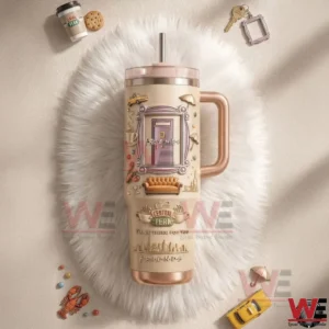 Friends Central Perk tumbler with handle and straw featuring the apartment door frame and cafe inspired details on a white fur background!