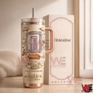 Friends Central Perk tumbler with handle and straw displayed beside a matching box in a cozy interior setting!