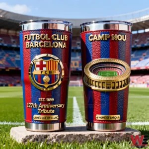 Two Futbol Club Barcelona inspired tumblers with red and blue design club crest Camp Nou stadium artwork metallic base and football field background!