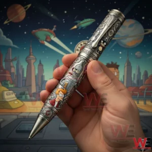 A hand holding a Futurama collector pen with engraved characters metallic details and a futuristic city background!