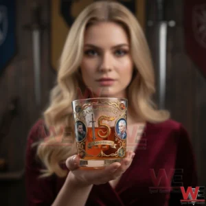 Woman holding a Game of Thrones anniversary whiskey glass!
