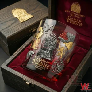 Game of Thrones whiskey glass with Iron Throne design inside a wooden display box!