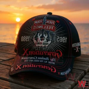 Black Generation X baseball cap with skull design red accents and sunset ocean background resting on a wooden surface!