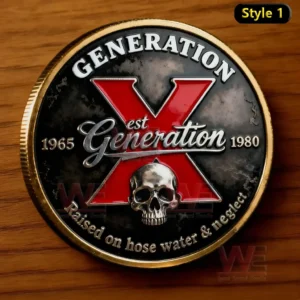 Generation X coin with red X black distressed background silver lettering 1965 1980 dates and skull emblem on a wooden surface