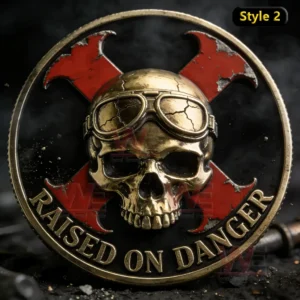 Metal coin with skull wearing goggles red X background raised on danger text and rugged finish displayed on a dark smoky surface