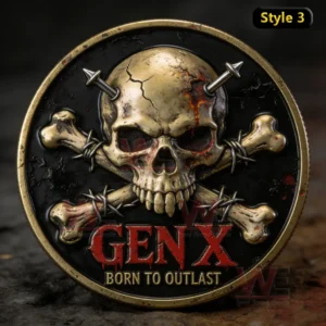 Gen X coin with cracked skull crossed bones barbed wire spikes bold Gen X text and born to outlast wording on a dark textured surface