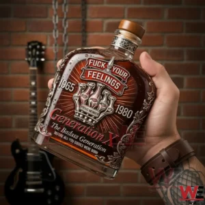 Hand holding a Generation X bottle with ornate metallic design and the years 1965 and 1980 in front of a brick wall and guitar!