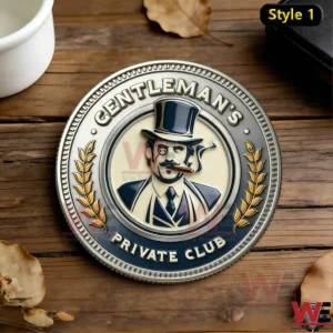 A close view of a gentleman themed private club style coin resting on a rustic table!