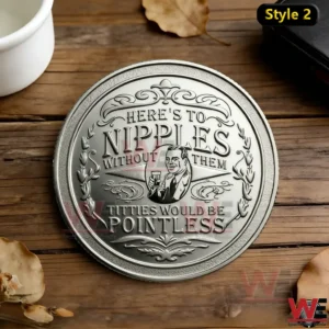 A detailed metal coin with engraved text and classic decorative elements shown on a wooden background!