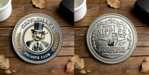 A comparison image showing both sides of a decorative private club style coin!