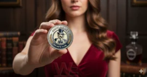 A woman displays a private club style coin while standing indoors with a refined background!