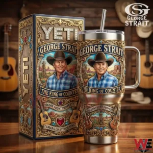 Stainless steel tumbler with western country music artwork and decorative box on a wooden table!