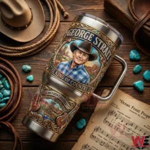 George Strait The King of Country Ocean Fron Property Yeti Tumbler 5 Stainless steel tumbler with western country music design placed on a rustic wooden table!