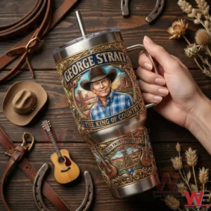 George Strait The King of Country Ocean Fron Property Yeti Tumbler 6 Hand holding a stainless steel tumbler with western country music artwork!