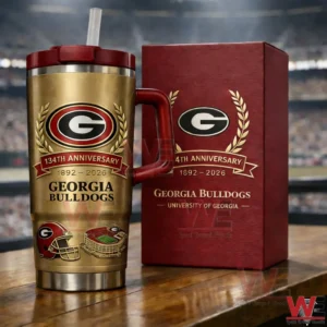 Gold Georgia Bulldogs anniversary insulated travel mug with red lid handle and straw beside a matching red gift box with a stadium background!