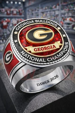 A Georgia Bulldogs themed ring displayed inside a black presentation box in a sports merchandise store!