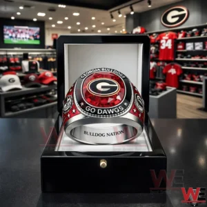 Georgia Bulldogs ring in a black display box featuring red gemstone top Go Dawgs text bulldog side details and Bulldog Nation engraving in a team store setting!