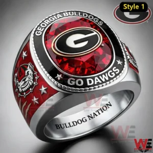 Silver Georgia Bulldogs Go Dawgs ring with red gemstone top raised G logo bulldog side graphic star accents and Bulldog Nation engraving inside!