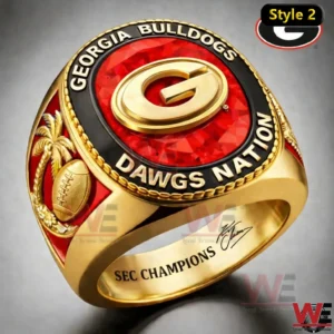 Gold Georgia Bulldogs Dawgs Nation ring with red gemstone top raised gold G logo football and palm side detail and Sec Champions engraving inside the band!