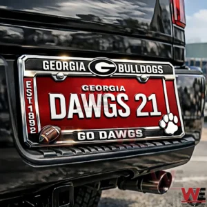 Georgia Bulldogs license plate on a black vehicle showing Dawgs 21 Go Dawgs text and team logo with football and paw print graphics!
