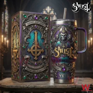A Ghost insulated tumbler and decorated presentation box displayed in a gothic cathedral style environment!