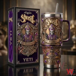 Ghost band twenty year anniversary YETI tumbler and matching box featuring ornate gothic artwork and a skeletal pope design!