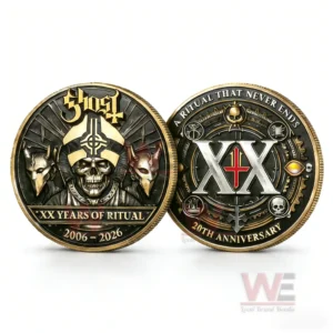 Ghost themed twentieth anniversary ritual commemorative coins with skull artwork and symbolic detailing shown side by side.